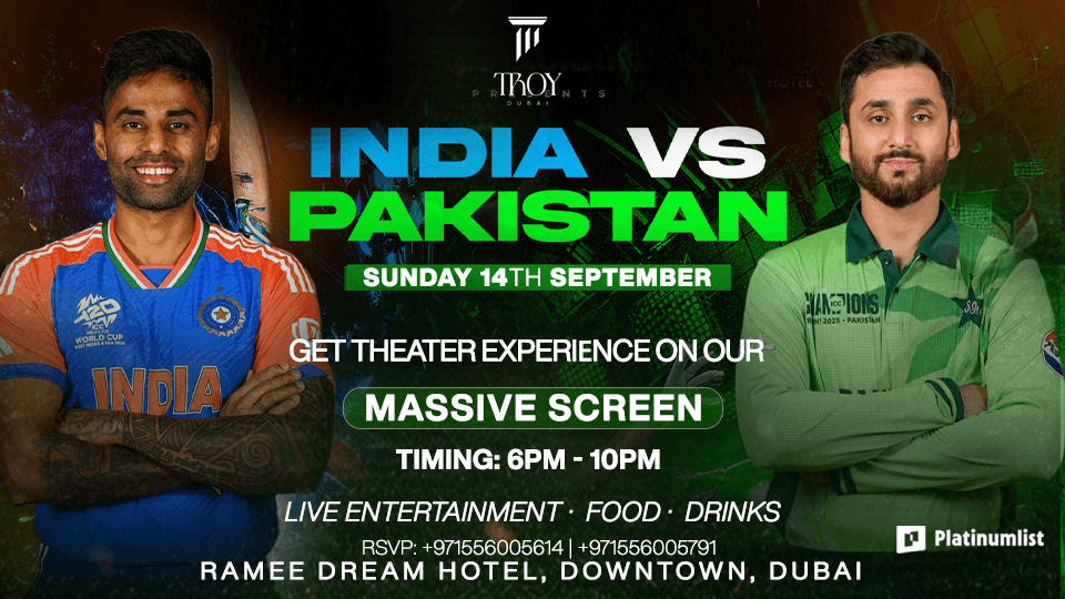 India vs. Pakistan Live Screening Sunday Cricket Match at Troy in Dubai